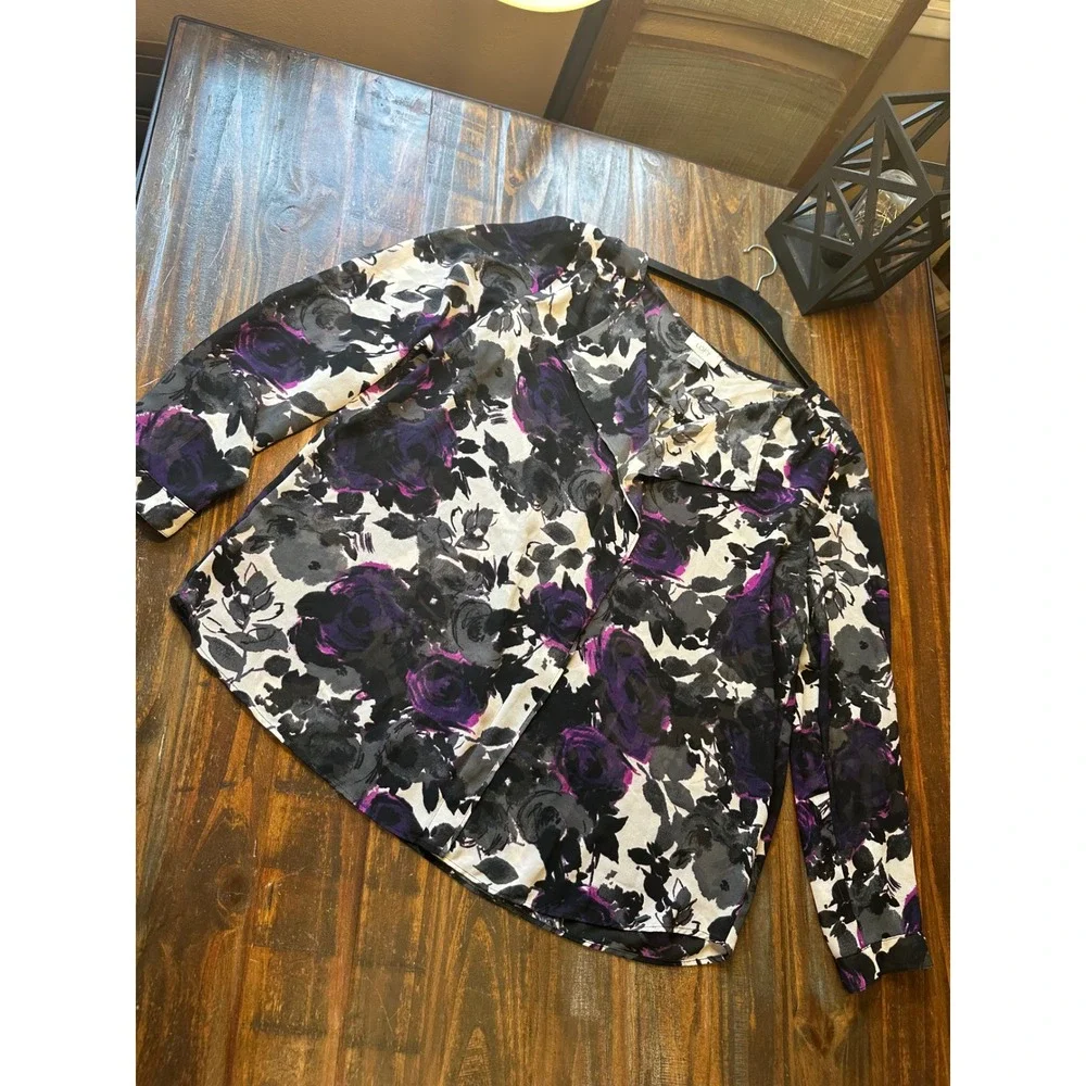 Ann Taylor LOFT Purple Black Floral Sheer‎ Chiffon V-Neck Blouse XL Long Sleeve - Picture 6 of 11